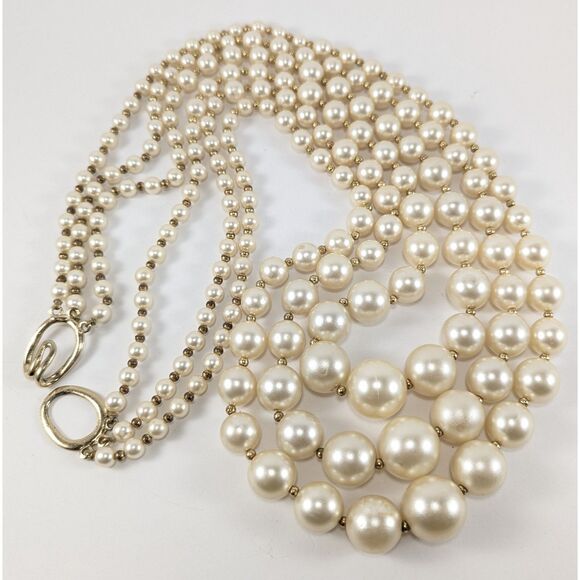 Faux Pearls Long Triple Strand Gold Tone Spacer Beads - Picture 9 of 11